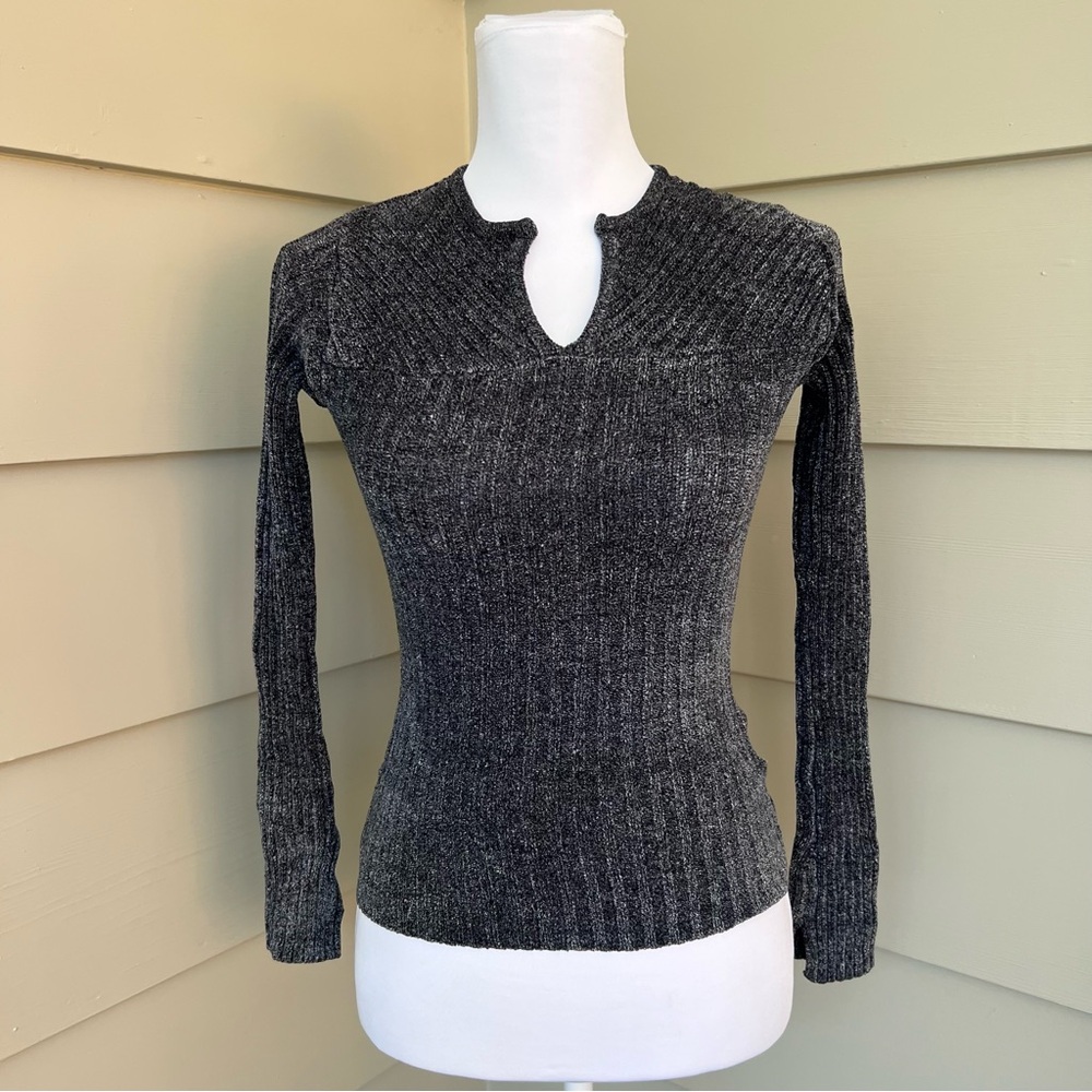 Great American Sweater Co Vintage Ribbed V-Neck Sweater Womens Small Gray Y2K